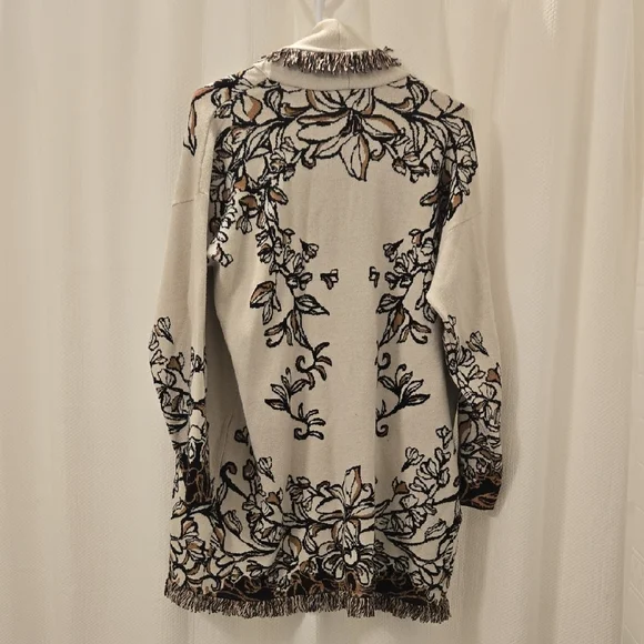 Chico's Elegant Cream and Brown Leaf And Floral Fringe Cardigan - Picture 5 of 5